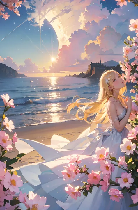 （Need，tmasterpiece），1girl，pose，Particle，ventania，florals，The upper part of the body，simplebackground，looking at viewert，Focus on the face，blond hairbl，Back，Turning Head，Correct anatomy，Detailed face, Detailed eyes，Castle, Flowers, delicate scene, sky, Whit...