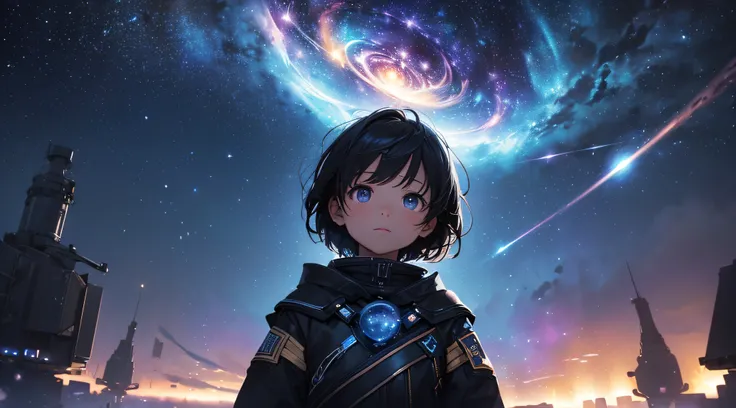 ​masterpiece、Background with((Fantastic starry sky、kosmos、Meteor swarm、black hole、Irridescent color))、Depth((Luminescent planets))、A little girl who cant see far away、Looking up