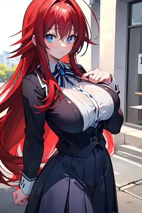 masterpiece, best quality, 1girl, long hair, looking at viewer, :3, cute, black school uniform, outdoors, streets, cowboy shot, large breasts, curvy, (((blue eyes))), rias gremory, red hair, antenna hair, wavy hair, ((beautiful detailed eyes, beautiful det...