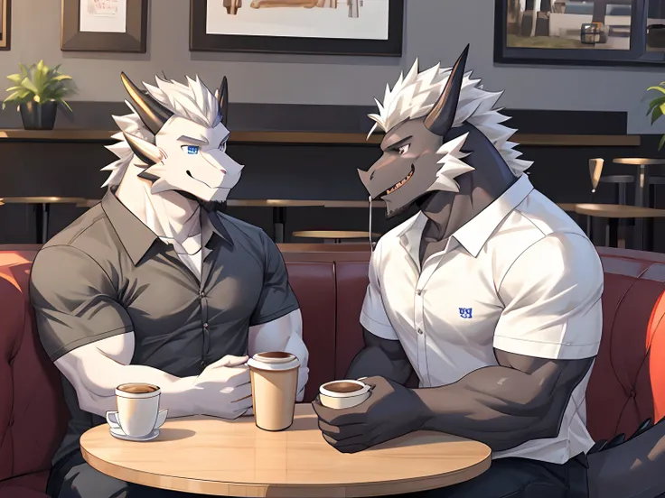 (Best Quality), 1Male,  (Furry Gray Dragon), Blue Eyes, White Medium Hair, Casual Set, Black Casual Shirt, Muscular, Good Looking, 1Male, (Furry Black Dragon), Purple Eyes, Gray Medium Hair, Gray Facial Hair, Casual Set, White Casual Shirt, Good Looking, M...