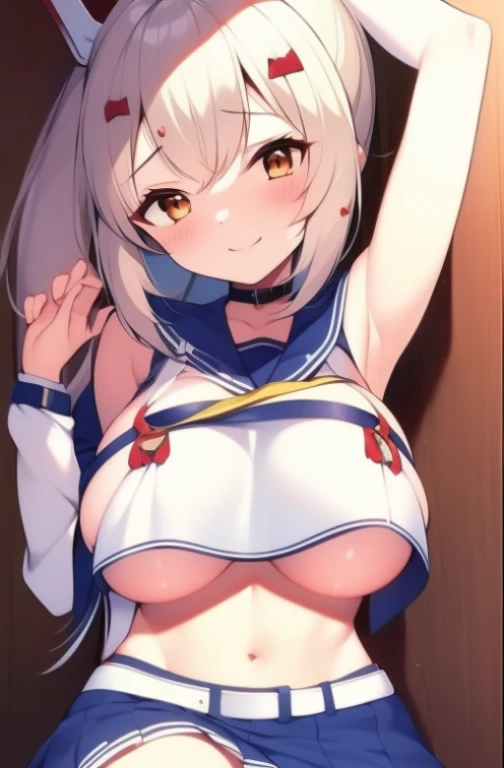 1girl, masterpiece, blonde hair, azur lane ayanami, teen body, little skirt, a arm on bellybutton, a arm idol pose, small lips, ponytail, idol pose, Masterpiece 8k, (Beautiful,large_Breasts:1.8), big breasts, large breasts, (big breasts:1.7), (huge big bre...