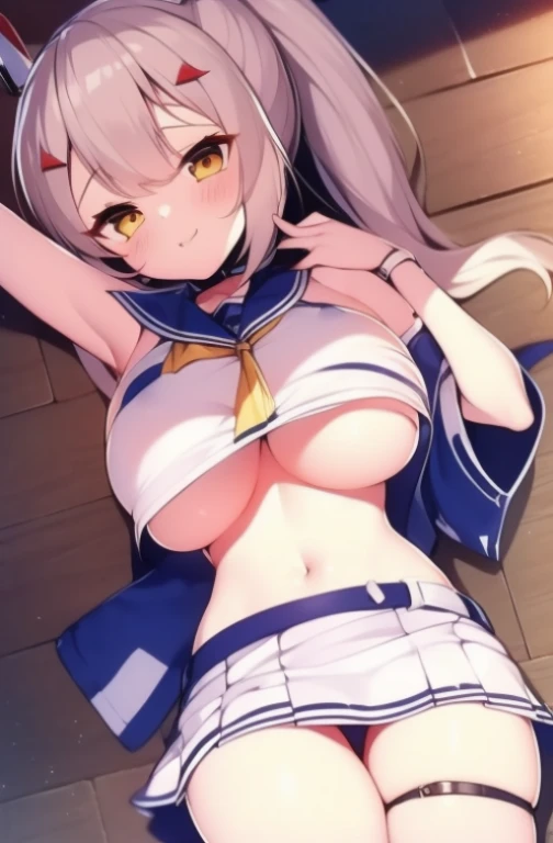 1girl, masterpiece, blonde hair, azur lane ayanami, teen body, little skirt, a arm on bellybutton, a arm idol pose, small lips, ponytail, idol pose, Masterpiece 8k, (Beautiful,large_Breasts:1.8), big breasts, large breasts, (big breasts:1.7), (huge big bre...