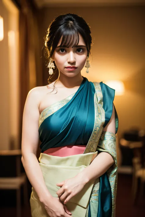 Best quality, masterpiece, ultra high res, (photorealistic:1.4), raw photo, 1girl, offshoulder, in the dark, deep shadow, low key, cold light,wearing a traditional saree, at a weeding shoot , large boobs