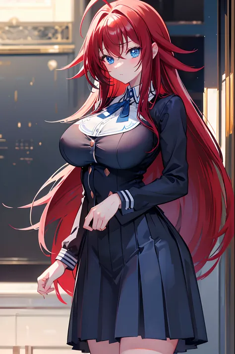 masterpiece, best quality, 1girl, long hair, looking at viewer, :3, cute, black school uniform, outdoors, streets, cowboy shot, large breasts, curvy, (((blue eyes))), rias gremory, red hair, antenna hair, wavy hair, ((beautiful detailed eyes, beautiful det...