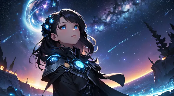 ​masterpiece、Background with((Fantastic starry sky、kosmos、Meteor swarm、black hole、Irridescent color))、Depth((Luminescent planets))、a beauty girl、Looking up