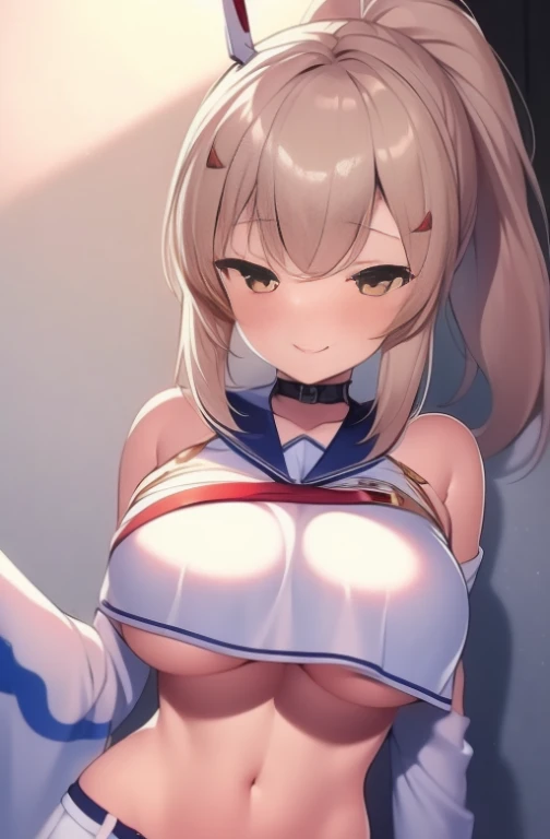 1girl, masterpiece, blonde hair, azur lane ayanami, teen body, little skirt, a arm on bellybutton, a arm idol pose, small lips, ponytail, idol pose, Masterpiece 8k, (Beautiful,large_Breasts:1.8), big breasts, large breasts, (big breasts:1.7), (huge big bre...