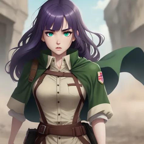 A female attack on titan character by WIT studio. She has straight bangs. She has long black straight hair that fades into lavender. She has slightly tan skin. She has green blue eyes and thick dark eyebrows with a slit in one. She has dark circles under h...