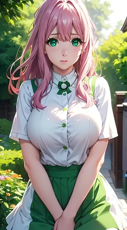 cute girl,big sized boobs, green colour clothes, white apron, green eyes and pink hair, short skirt, ultra realistic eyes , sunl...