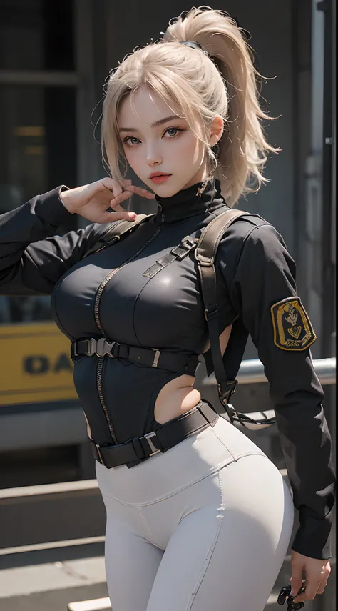 (Highest image quality, outstanding details, ultra-high resolution), 1 girl, suit((futuristic military outfit inspired by padded jumper and yoga pants, military harness, military gears such as pouches)), (glamour body, curvy body, buffed and muscular body,...