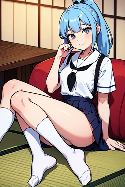 Young girls，double-ponytail，Pale blue hair，red color eyes，JK school uniform，solo person，Maid skirt，white stockings，White knee-length socks，Suspenders，looking to the camera，in a panoramic view，Lying on the couch，Five black males，White T-shirt，denim pant，Smi...