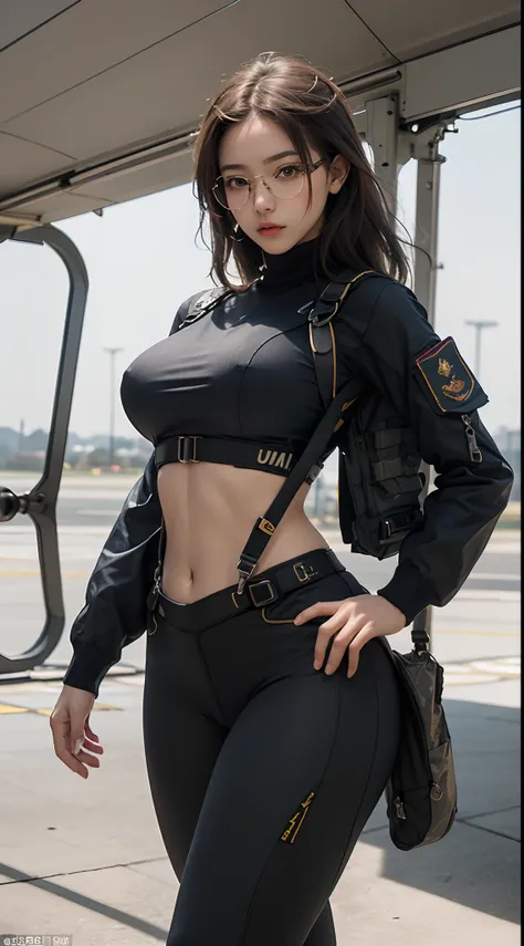 (Highest image quality, outstanding details, ultra-high resolution), 1 girl, suit((futuristic military outfit inspired by aviation jumper and yoga pants, military harness, military gears such as pouches, aviation shade glasses)), (glamour body, curvy body,...