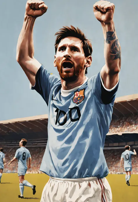 （A vivid image of a footballer celebrating a goal）, Raise your right hand into a fist above your head, （The left hand hangs naturally）, （Lionel Messi）, Lionel Messi wears a blue jersey, There are numbers 10 on the jersey, Portrait of Lionel Messi, （America...