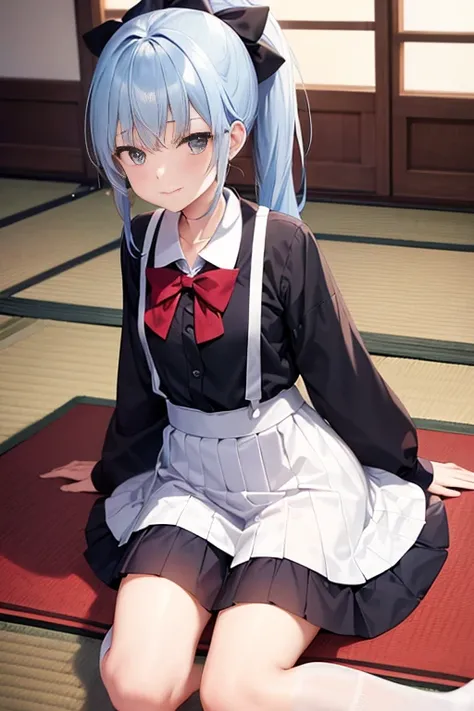 Young girls，double-ponytail，Pale blue hair，red color eyes，JK school uniform，solo person，Maid skirt，white stockings，White knee-length socks，Suspenders，looking to the camera，in a panoramic view，Lying on the couch，Five black males，White T-shirt，denim pant，Smi...