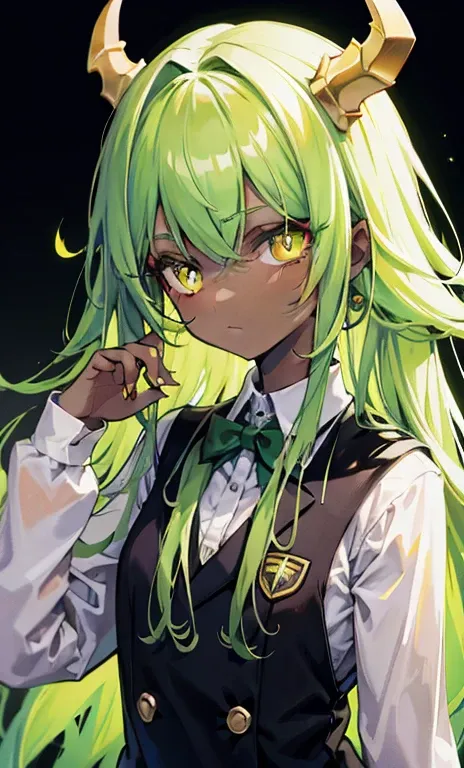 Long green hair，Symmetrical six eyes grow on the face，Royal yellow pupils，Glowing brown skin，in school uniform，This is a very cute weird little devil girl