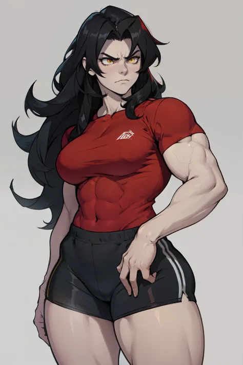 ((1girl)) pale skin large breasts (muscular) toned body thick thighs black hair yellow eyes (long hair grey background) bodybuilder angry tight red shirt