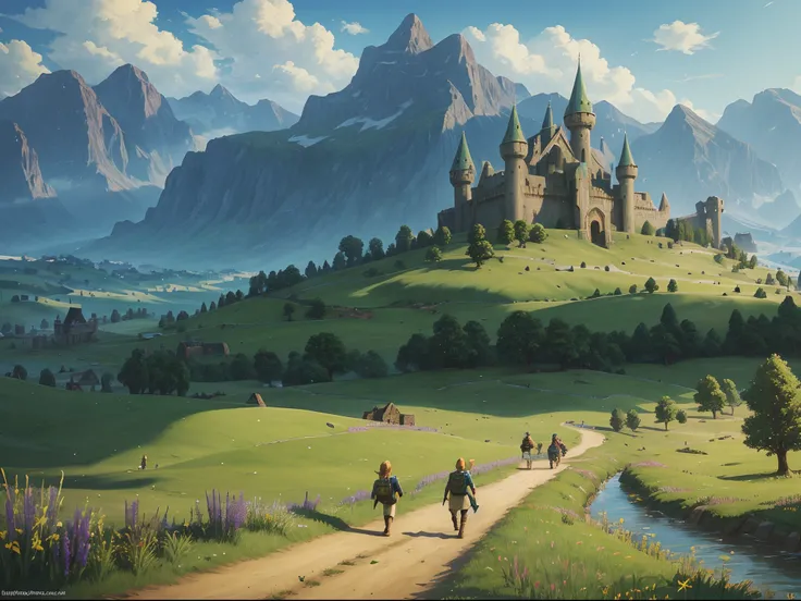 (masterpiece, best quality), best resolution, lush meadow, people walking on a dirt road, hyrule castle in background, legend of Zelda landscape painting, wide shot, fantasy