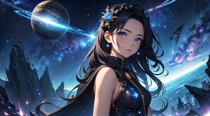 ​masterpiece、Background with((Fantastic starry sky、kosmos、Meteor swarm、black hole、Irridescent color))、Depth((Luminescent planets))、a beauty girl、onepiece、Luminescent light surrounds the surroundings