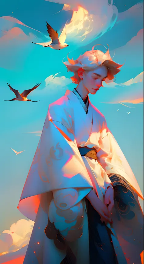 （Best quality at best，tmasterpiece），（Need，tmasterpiece），of a guy，Sitting on the boat, Hanfu, Chinese style, White Hanfu, with acient chinese clothes, simplebackground，looking at viewert，blond hairbl，milky ways，1boy，Particle，ventania，florals，The upper part ...