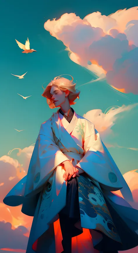 （Best quality at best，tmasterpiece），（Need，tmasterpiece），of a guy，Sitting on the boat, Hanfu, Chinese style, White Hanfu, with acient chinese clothes, simplebackground，looking at viewert，blond hairbl，milky ways，1boy，Particle，ventania，florals，The upper part ...