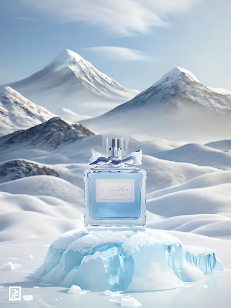 a bottle of perfume is placed in the snow, surrounded by ice, the background of the sky is clouds and mountains, scenery, behavi...