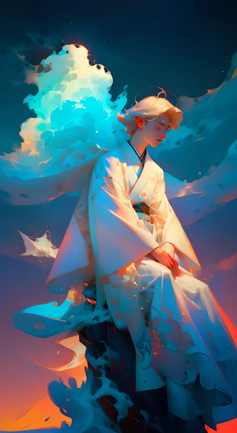 （Best quality at best，tmasterpiece），（Need，tmasterpiece），of a guy，Sitting on the boat, Hanfu, Chinese style, White Hanfu, with acient chinese clothes, simplebackground，looking at viewert，blond hairbl，milky ways，1boys，Particle，ventania，florals，The upper part...