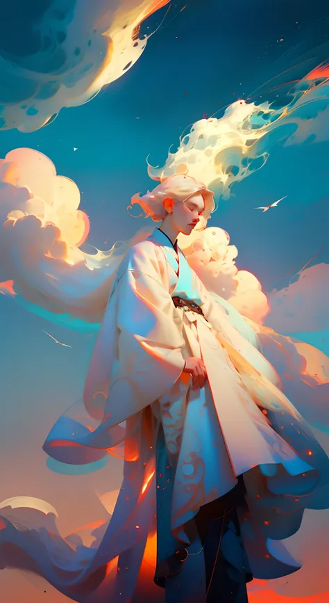 （Best quality at best，tmasterpiece），（Need，tmasterpiece），of a guy，Sitting on the boat, Hanfu, Chinese style, White Hanfu, with acient chinese clothes, simplebackground，looking at viewert，blond hairbl，milky ways，1boys，Particle，ventania，florals，The upper part...