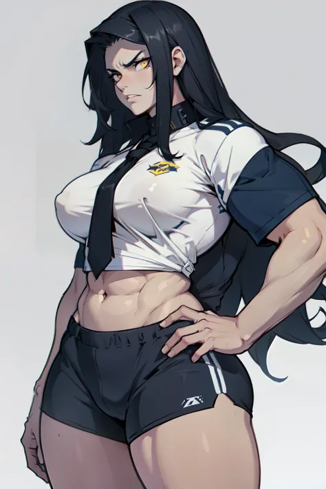 ((1girl)) pale skin large breasts (muscular) toned body thick thighs black hair yellow eyes (very long hair grey background) bodybuilder angry tight navy shirt