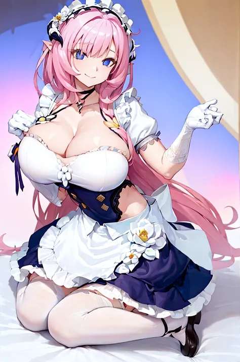 (Realistic painting style:0.9), masterpiece, best quality,  absurdres, elysia (miss pink) (honkai impact), slit pupils, elysia (honkai impact), elf, pointy ears, 1girl, pink hair, solo, gloves, breasts, maid, thighhighs, maid headdress, long hair, white th...