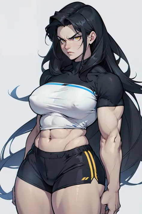 ((1girl)) pale skin large breasts (muscular) toned body thick thighs black hair yellow eyes (very long hair grey background) bodybuilder angry (tight blue shirt)