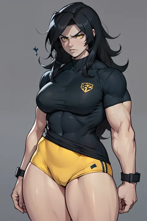 ((1girl)) pale skin large breasts (muscular) toned body thick thighs black hair yellow eyes (very long hair grey background) bodybuilder angry (tight blue shirt)