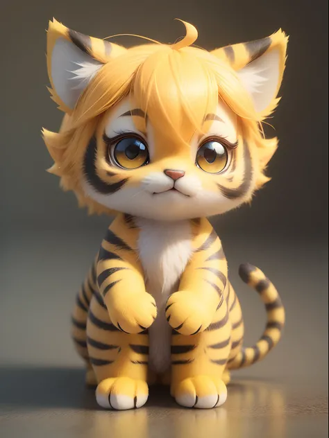 3D Chibi soft and fluffy pixie TIGER 3D, by style of Bonnie Hetherington Robson, 8K, product photo, simple yellow background