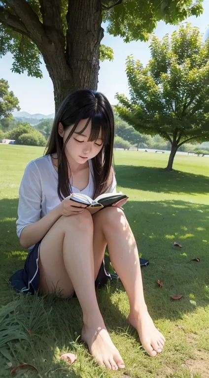 8K分辨率、Ultra-detailed CG footage、1girl in, japanese girl, (Sitting on the grass leaning against a tree, Reading a book, Knees together, Feet apart, up skirt, exposed vagina, (hairy:1.1), (Pubic hair:1.1), (view from front, low angles), Onepiece, Detailed, m...