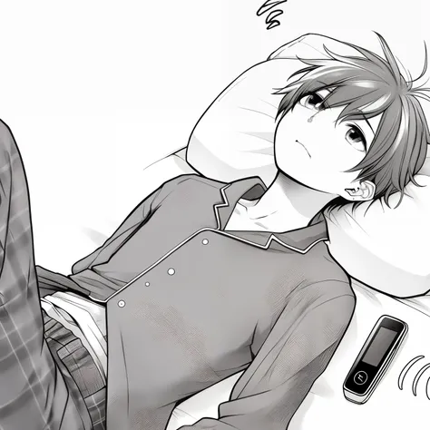 Anime boy lying on a bed with a mobile phone in his hand, Kaworu Nagisa, manga style of kentaro miura, manga scans, pose de anime bonito, deitado na cama, deitado na cama, deitado na cama, relaxed pose, na minha cama, menino anime, com o dedo indicador, ( ...