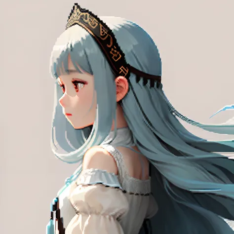 Pale light blue antique dress、Girl with long hair of dull blue-brown color、Blunt bangs、profile、Pixel art、Pixel Art Illustration、pixels、Plain background、Upper body、For icons、pixels_Art Book,Composition centered on the face、Straight face、Gothic headdress、pix...