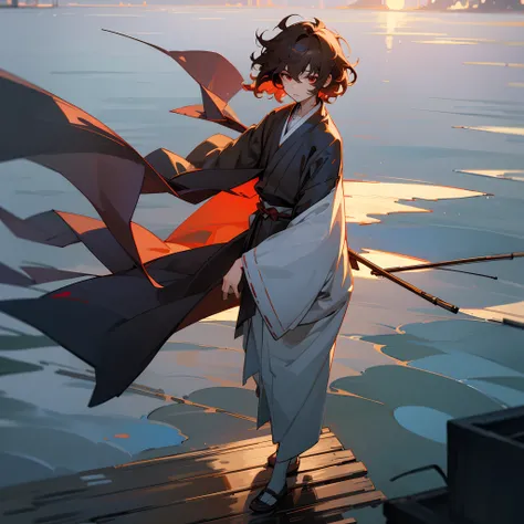 1male, teen, messy short curly brown hair, finely detailed red eyes, loose yukata clothing, best lighting and shadows, night fishing village, clouds, moonlight