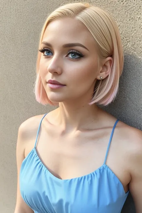 Petite 30 year old woman with blonde hair in an undercut bob and striking blue eyes wearing eye liner, pink lips, in a blue summer dress, detailed face