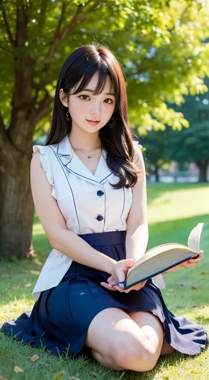 8K分辨率、Ultra-detailed CG footage、1girl in, japanese girl, (Sitting on the grass leaning against a tree, Reading a book, Knees together, Feet apart, up skirt, exposed vagina, (hairy:1.1), (Pubic hair:1.1), (view from front, low angles), Onepiece, Detailed, m...