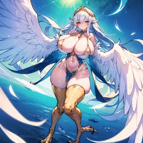 (master piece,best quality,extemely detailed,absurd res,CG,8k,ultra high res:1.3)，（harpy)，White wings,Bird wings，bird legs,bird tail,Paw 1 girl, Solo, White hair, Brown eyes, Glowing eyes, (No Pupil), face markings, Armor, Bikini, hair adornments, forehead...