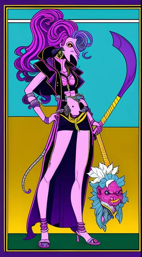 8 foot tiefling female with purple hair and yellow eyes pink skin holding a halberd smoking a joint