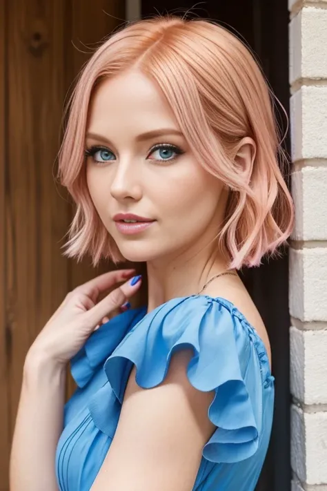 Petite 30 year old woman with light strawberryblonde hair in an undercut bob and striking blue eyes wearing eye liner, pink lips, in a blue summer dress, detailed face