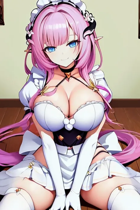 (Realistic painting style:0.9), masterpiece, best quality,  absurdres, elysia (miss pink) (honkai impact), slit pupils, elysia (honkai impact), elf, pointy ears, 1girl, pink hair, solo, gloves, breasts, maid, thighhighs, maid headdress, long hair, white th...