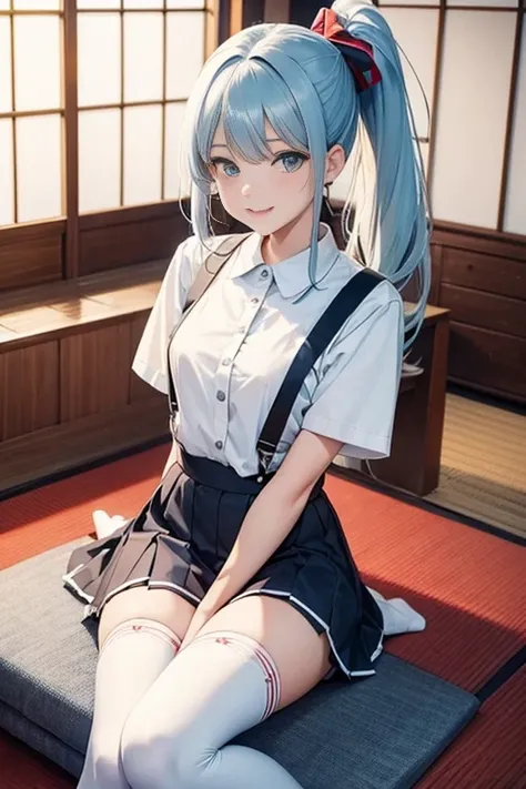 Young girls，double-ponytail，Pale blue hair，red color eyes，JK school uniform，solo person，Maid skirt，white stockings，White knee-length socks，Suspenders，looking to the camera，in a panoramic view，Lying on the couch，Five black males，White T-shirt，denim pant，Smi...