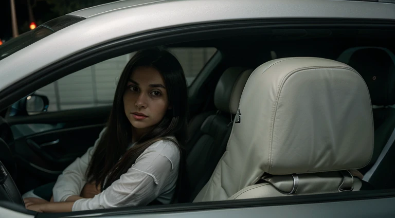 A female ghost seen in the rearview mirror sitting in the back seat of a car at night.