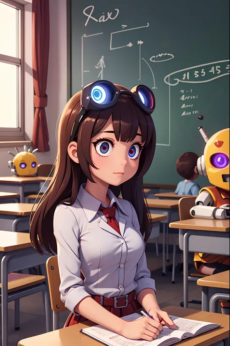 gynoid schoolgirl, class, classroom, school, robot joints, glowing eyes,