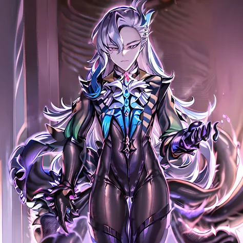 masterpiece, best quality, Neuvillette, ((1boy,Solo)),long hair,grey hair,multicolored hair,feather hair ornament, purple eyes, jewelry,ascot,long sleeves, shirt,gloves, black pants,beautiful combat Bodysuit (( Neuvillette Corrupted by Darkness)),(dark_per...