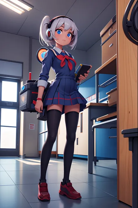 robot schoolgirl, class, classroom, school, robot joints, glowing eyes,