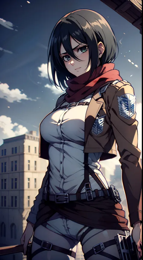 Frame from below, Photo below, view from bottom, Sexy, combat stance, half naked, shirt unbuttoned, Hesitate, Erotica, Super Epic Composition, aot style, Shingeki no Kyojin, mikasa ackerman, 1girl, in full height (Body Full 1.1), Hand strap, quiff, black  ...