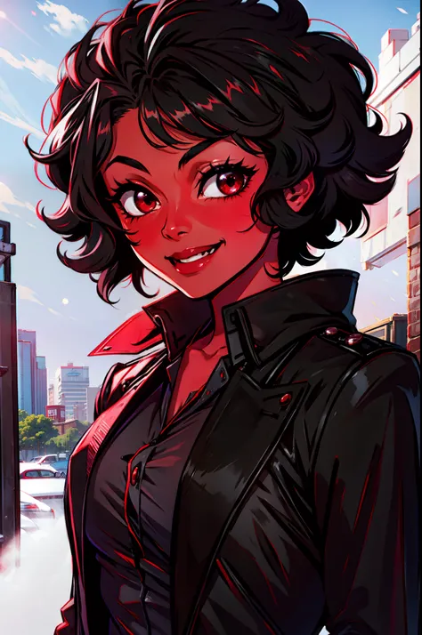 black skin, female,  short curly dark black hair, red eyes, vampire, black coat, smile