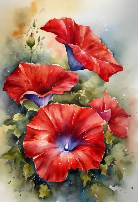 Red morning glory painting with splash background and spray paint effect, author：Eugeniusz Zak, water color art, author：Caroli Lotz, Watercolor painting, Watercolor painting style, watercolor detailed art, author：xp-tan, watercolor digital painting, aquare...