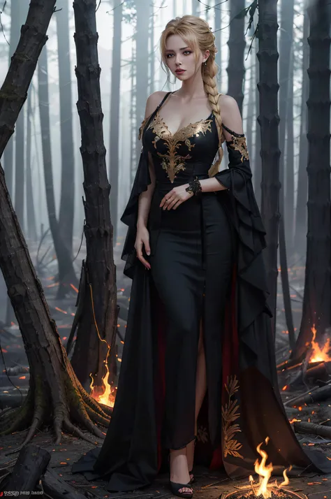 Produce a highly detailed and photorealistic image of a stunning, elegant, and wicked princess standing in a mysterious, haunted, and flaming forest. The vegetation is scorched, and the trees are imposing. She is dressed in a long, black, form-fitting gown...